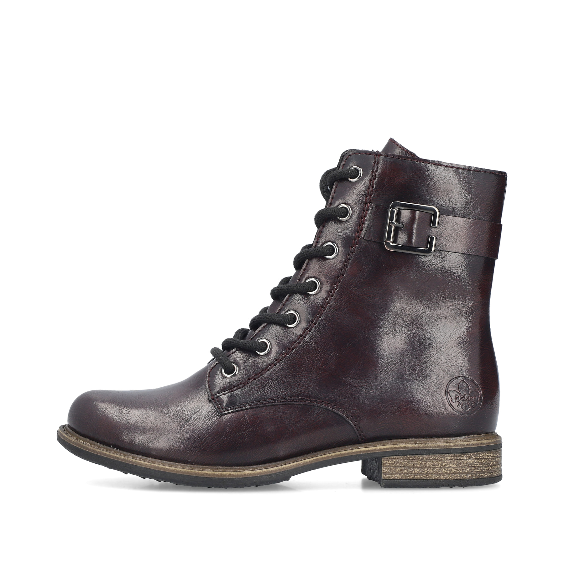 Schwarz-rote Rieker Damen Schnürstiefel 74802-35 mit einem Reißverschluss. Schuh Außenseite.