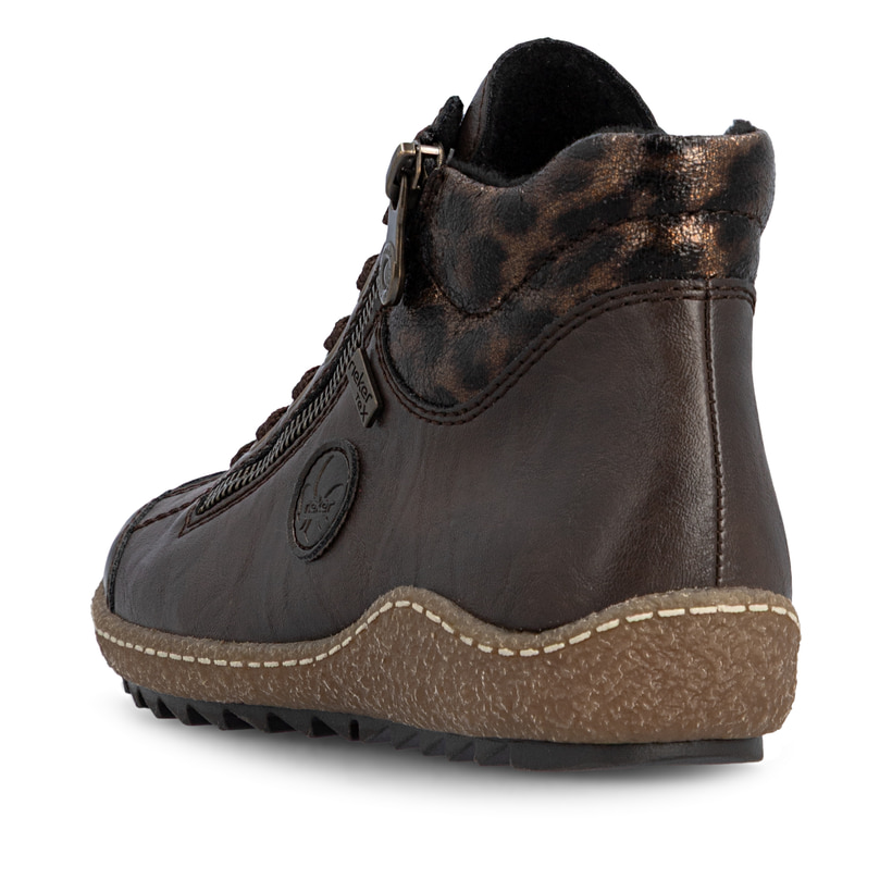 Dunkelbraune Rieker Damen Kurzstiefel L7514-25 mit wasserabweisender TEX-Membran. Schuh von hinten.