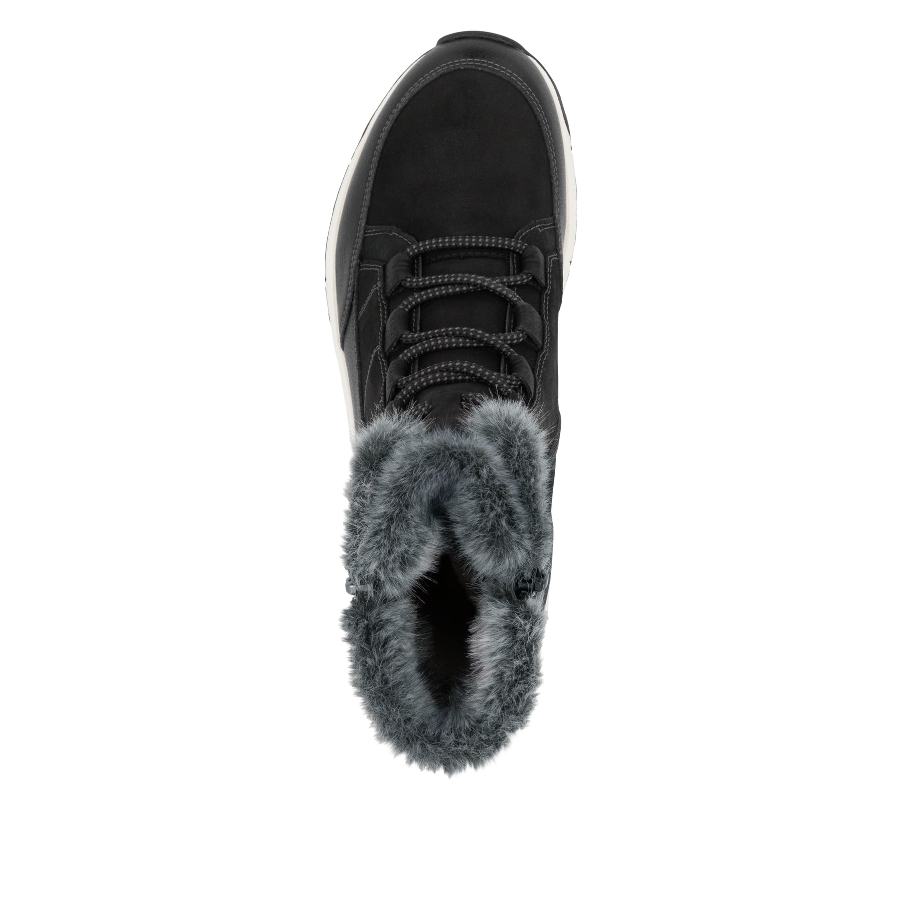 Schwarze Rieker Damen Schnürstiefel W0071-00 mit wasserabweisender TEX-Membran. Schuh von oben.