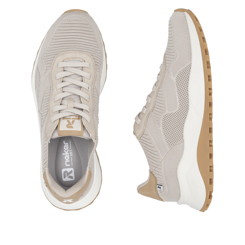 Beige waschbare Rieker Herren Sneaker Low U1302-62 mit einer Schnürung. Schuh von oben, liegend.