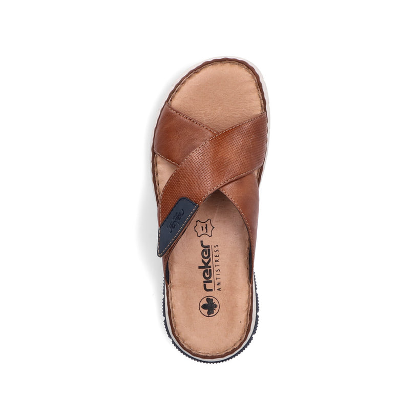 Braune Rieker Herren Pantoletten 25283-22 mit einem Klettverschluss. Schuh von oben.