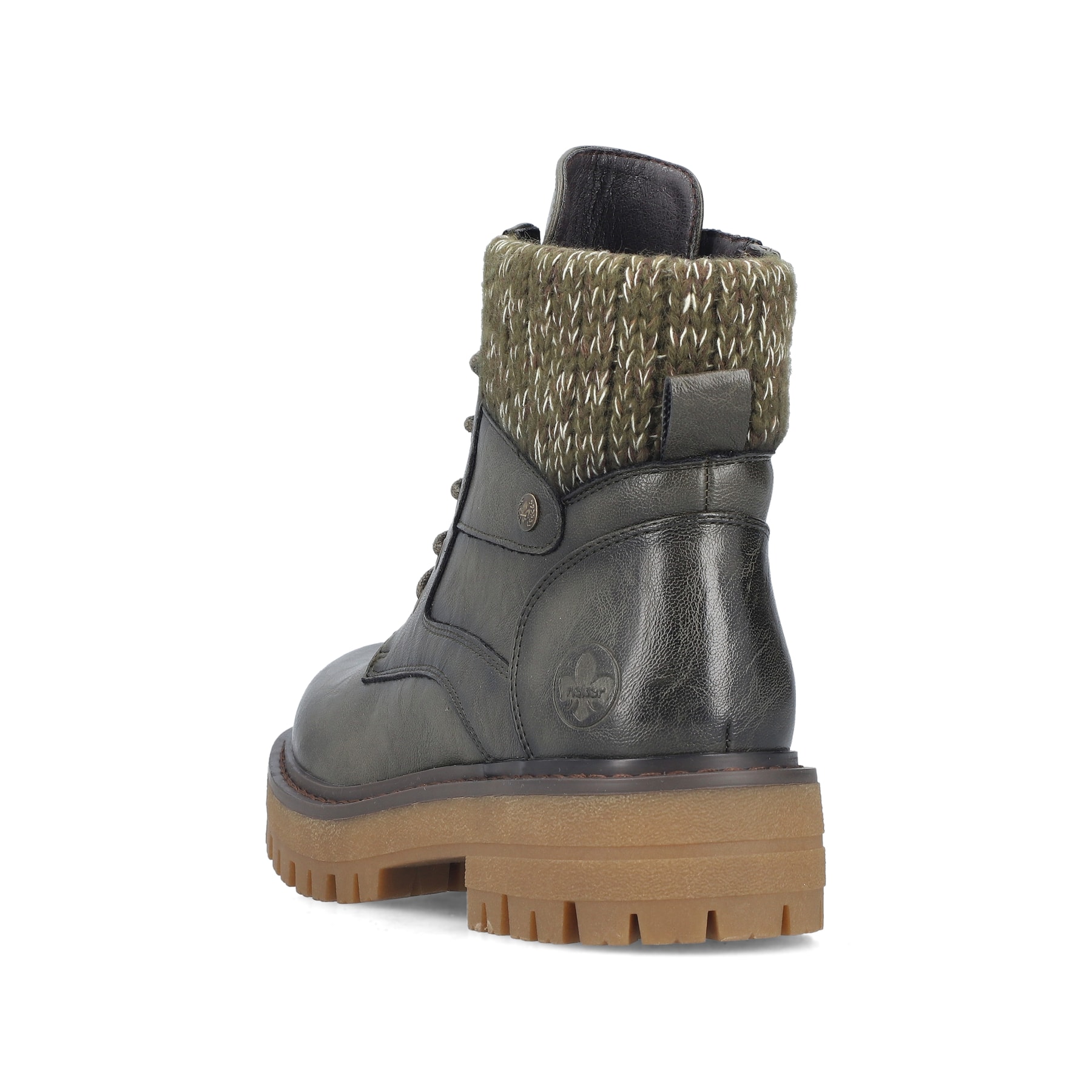 Dunkelgrüne Rieker Damen Schnürstiefel 92920-54 mit einem Reißverschluss. Schuh von hinten.