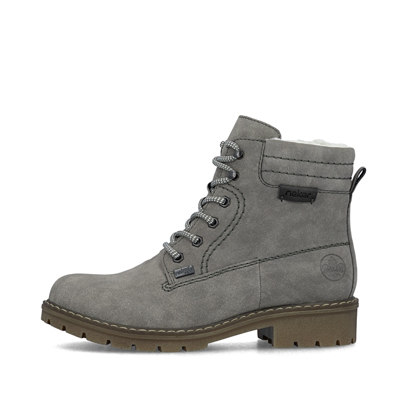 
Silbergraue Rieker Damen Schnürstiefel Y9125-40 mit Schnürung und Reißverschluss. Schuh Außenseite
