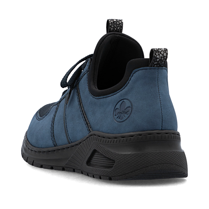 Mocassins Rieker bleus pour femme M4970-14 avec bande élastique. Chaussure vue de l'arrière.
