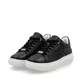 Schwarze Rieker Damen Sneaker Low W1204-01 mit einer Schnürung. Schuhpaar seitlich schräg.