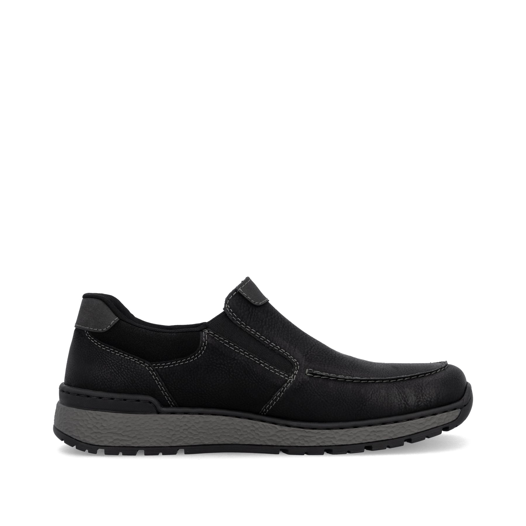 Mocassins Rieker noirs pour homme B9062-00 avec bande élastique. Chaussure vue de l'arrière.