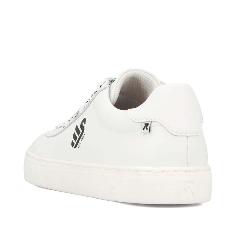 Weißer Rieker Herren Sneaker Low U0711-80 Schwenninger Wild Wings x Rieker Edition mit Eishockey-Schnürung und Wild Wings Logo. Schuh von hinten.