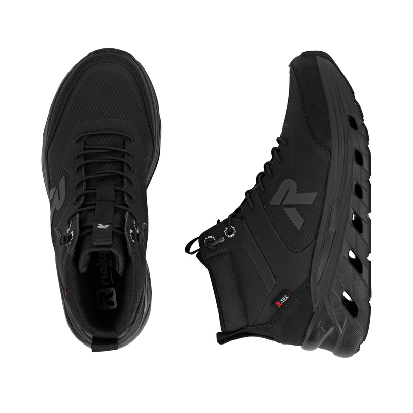 Schwarze Rieker Damen Sneaker High W3570-01 mit wasserabweisender TEX-Membran. Schuh von oben, liegend.