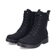 Schwarze Rieker Damen Biker Boots 73210-00 mit einem Reißverschluss. Schuhpaar seitlich schräg.