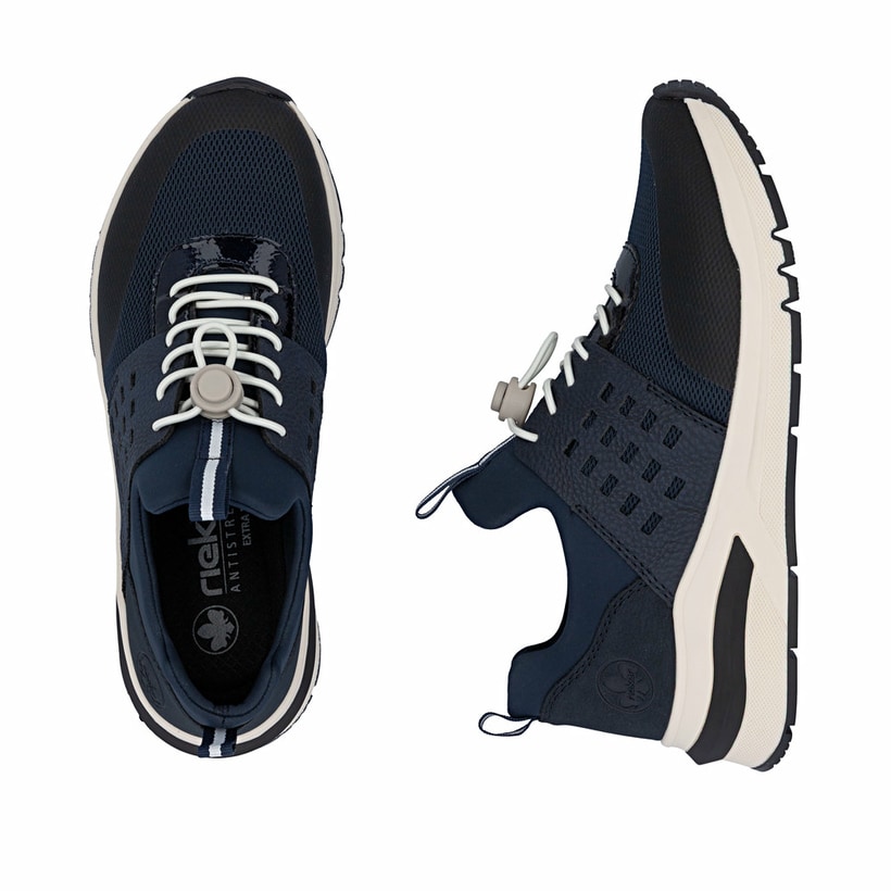 Dunkelblaue Rieker Damen Sneaker Low M6651-14 mit Gummizug sowie Extraweite H. Schuh von oben, liegend.