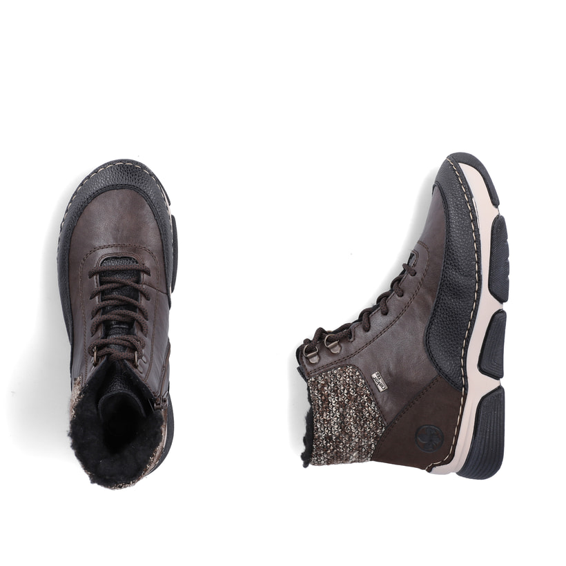 Dunkelbraun-beige Rieker Damen Schnürstiefel 45956-25 mit Strick-Kragen. Schuh von oben, liegend.