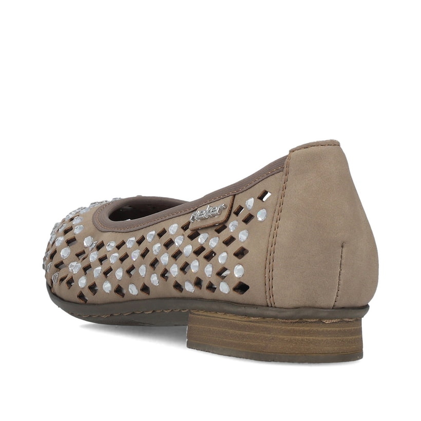 Beige Rieker Ballerinas 51985-64 mit Strasssteinen sowie extra weicher Decksohle. Schuh von hinten.