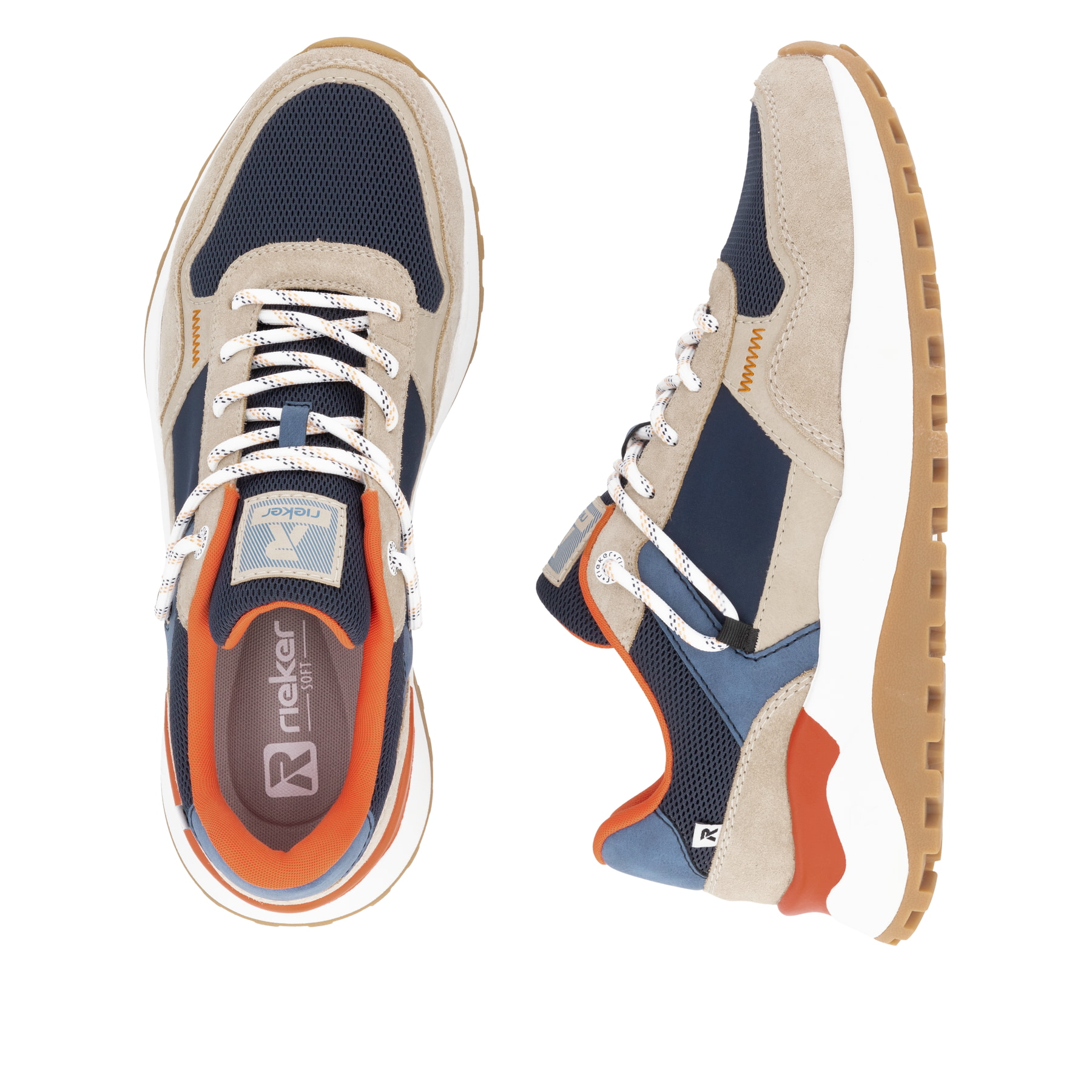 Blaue Rieker Herren Sneaker Low U1300-14 mit Schnürung sowie flexibler Sohle. Schuh von oben, liegend.