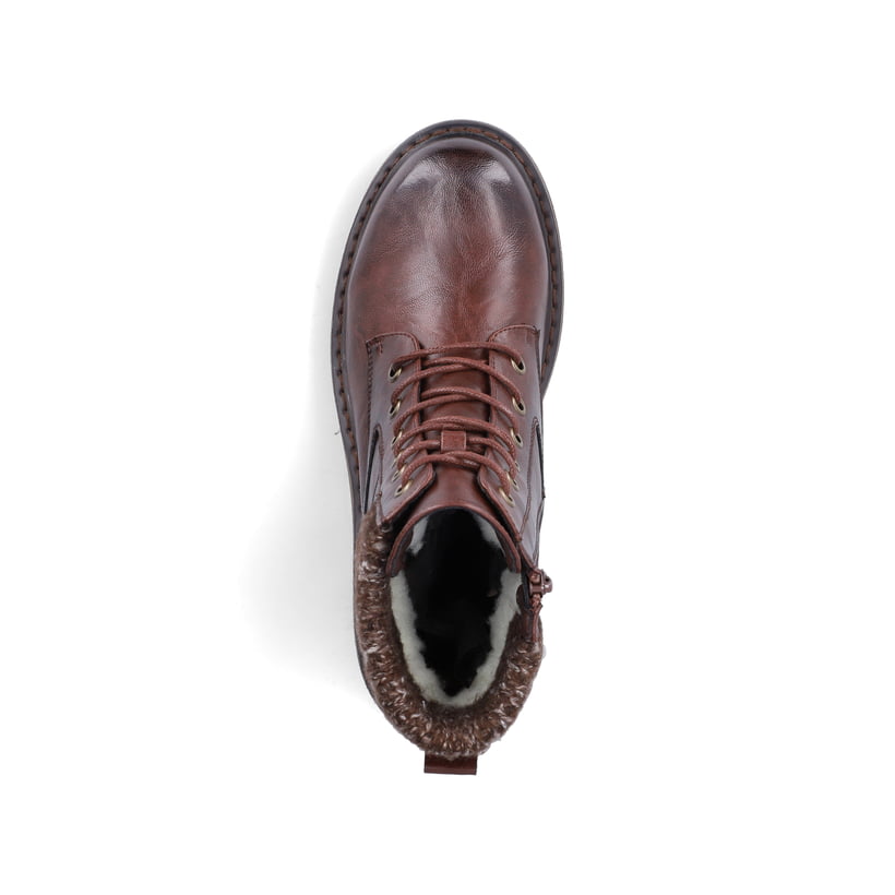 Dunkelbraune Rieker Damen Schnürstiefel 92920-25 mit einem Reißverschluss. Schuh von oben.