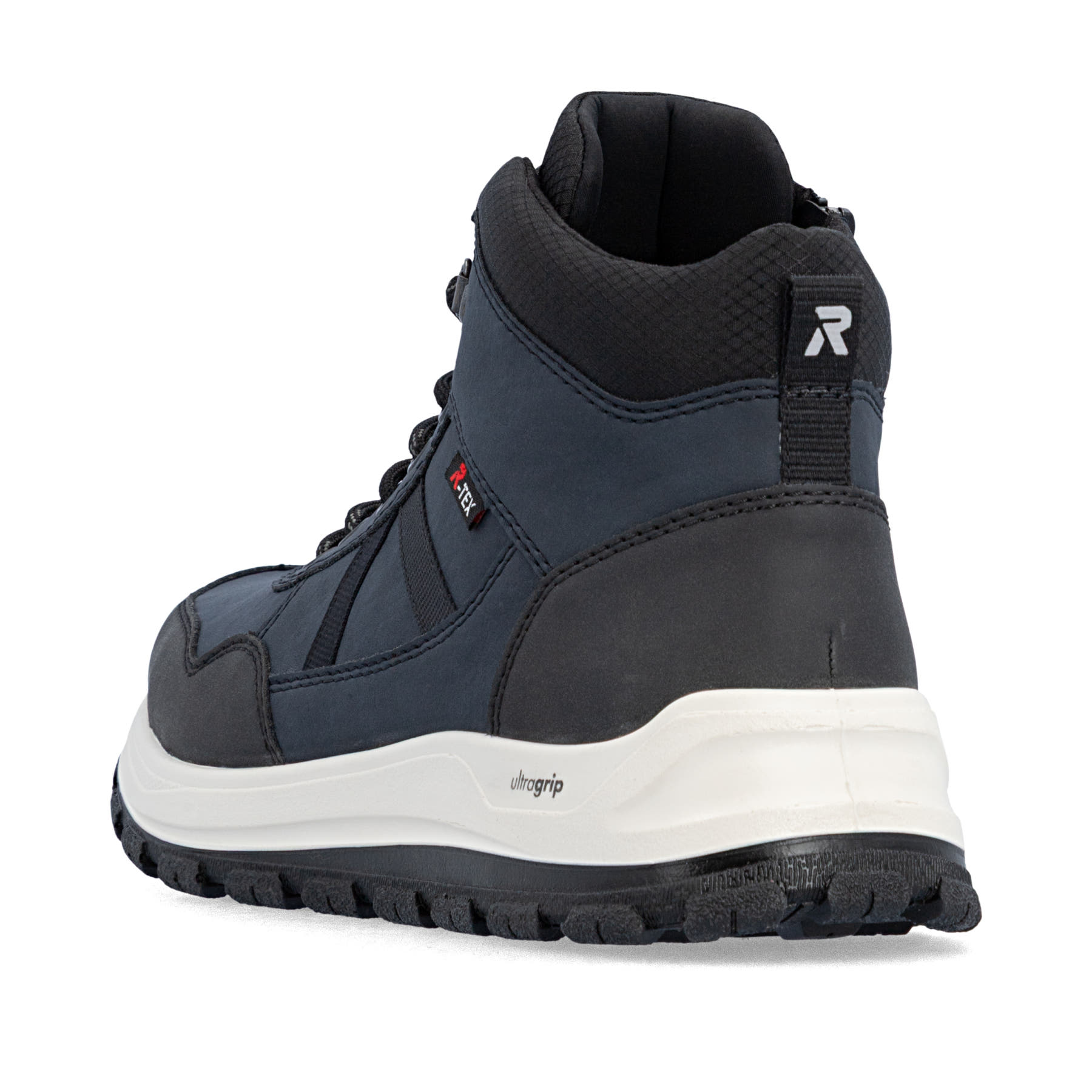 Dunkelblau-schwarze Rieker Herren Schnürstiefel B8120-14 mit Reißverschluss. Schuh von hinten.