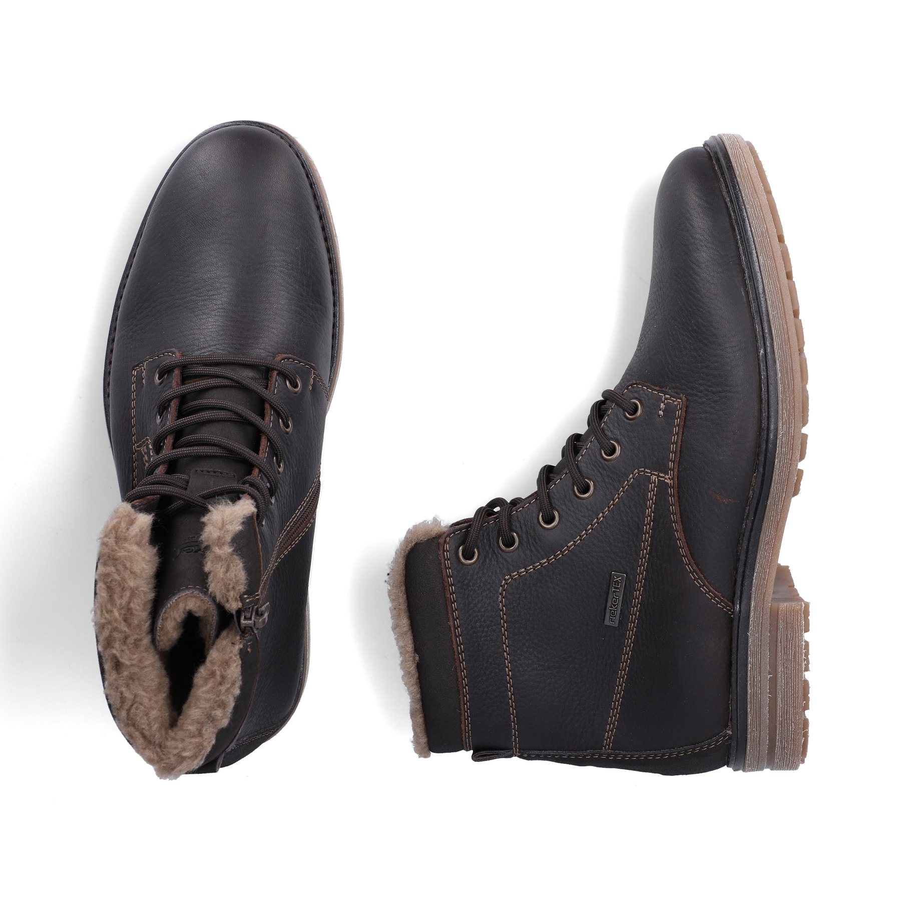 Dunkelbraune Rieker Herren Schnürstiefel 33420-25 aus Glattleder. Schuh von oben, liegend.