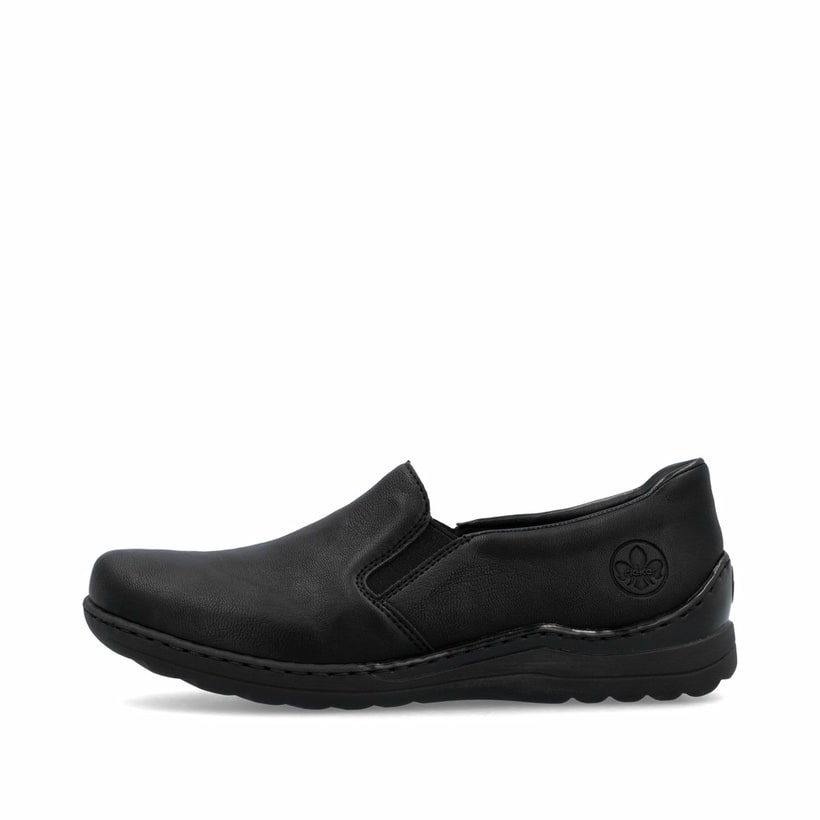 Mocassins Rieker noirs pour femme 48964-00 avec bande élastique. Côté extérieur de la chaussure.