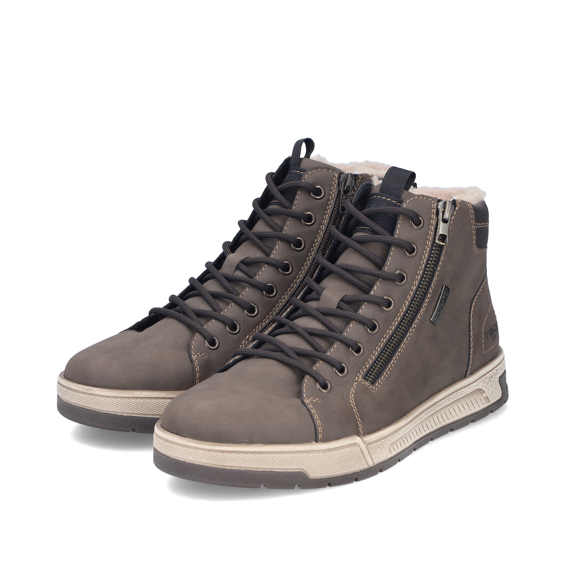 Braune Rieker Herren Sneaker High 36033-24 mit wasserabweisender TEX-Membran. Schuhpaar seitlich schräg.