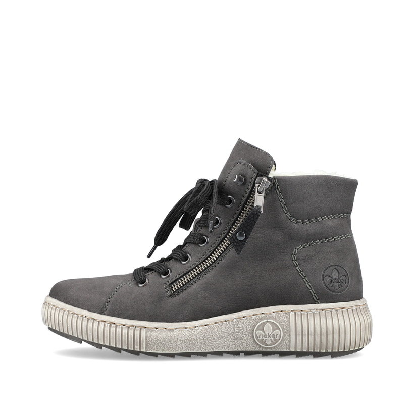 
Graue Rieker Damen Schnürschuhe Z6611-45 mit einer robusten Profilsohle. Schuh Außenseite