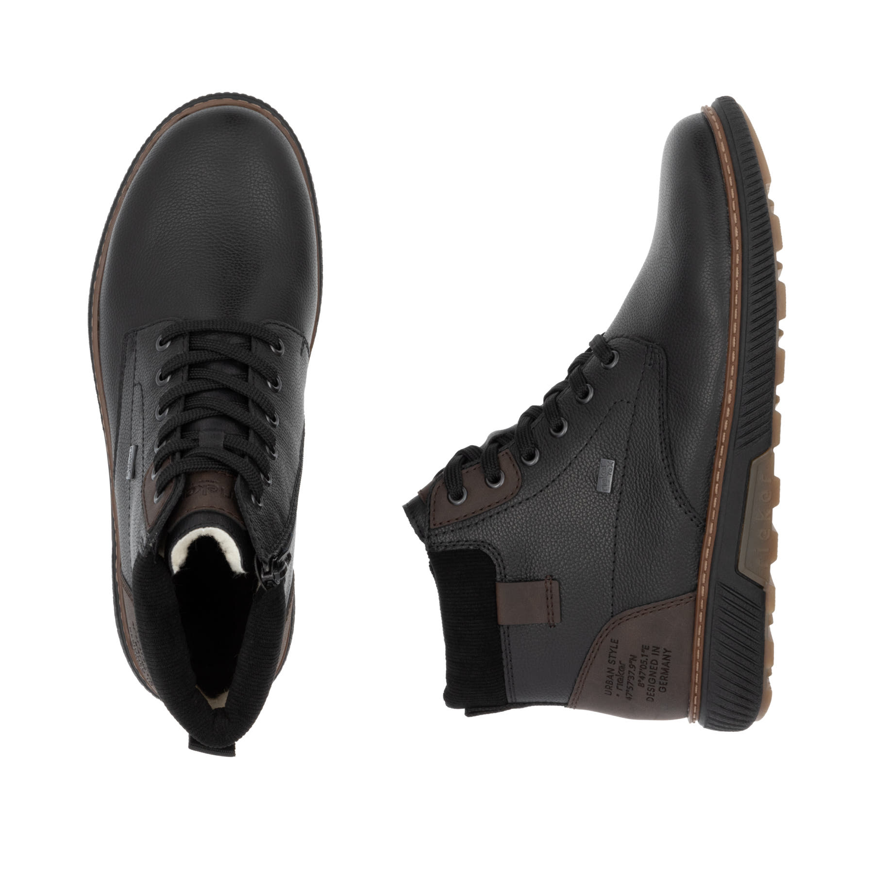 Schwarze Rieker Herren Schnürstiefel B3343-00 aus Glattleder. Schuh von oben, liegend.