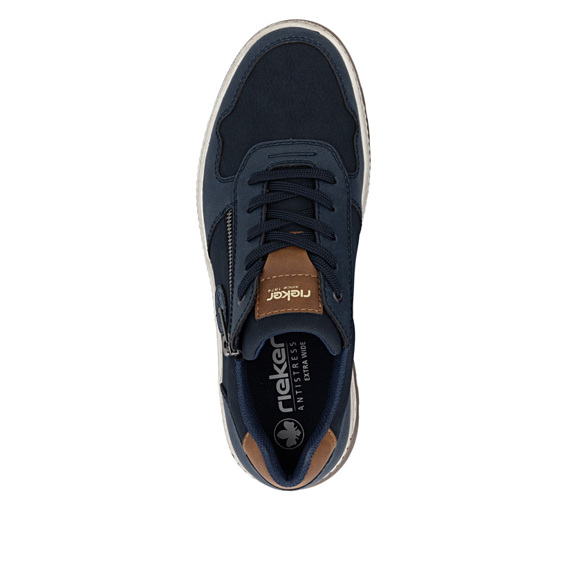 Baskets basses Rieker bleues pour homme 37029-14 avec détails marrons. Semelle extérieure de la chaussure.