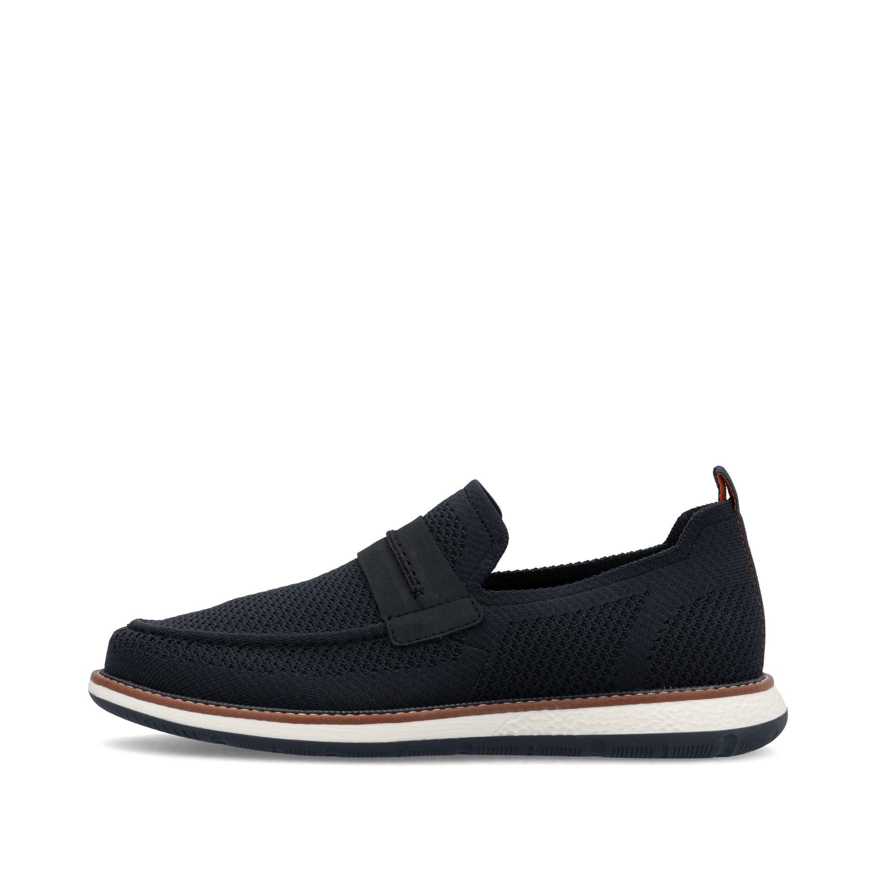 Blaue Rieker Herren Slipper 04451-14 mit einem Gummizug sowie Komfortweite G 1/2. Schuh Außenseite.