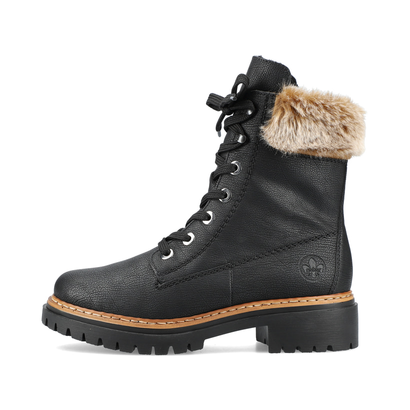 
Tiefschwarze Rieker Damen Schnürstiefel 72630-00 mit Schnürung und Reißverschluss. Schuh Außenseite