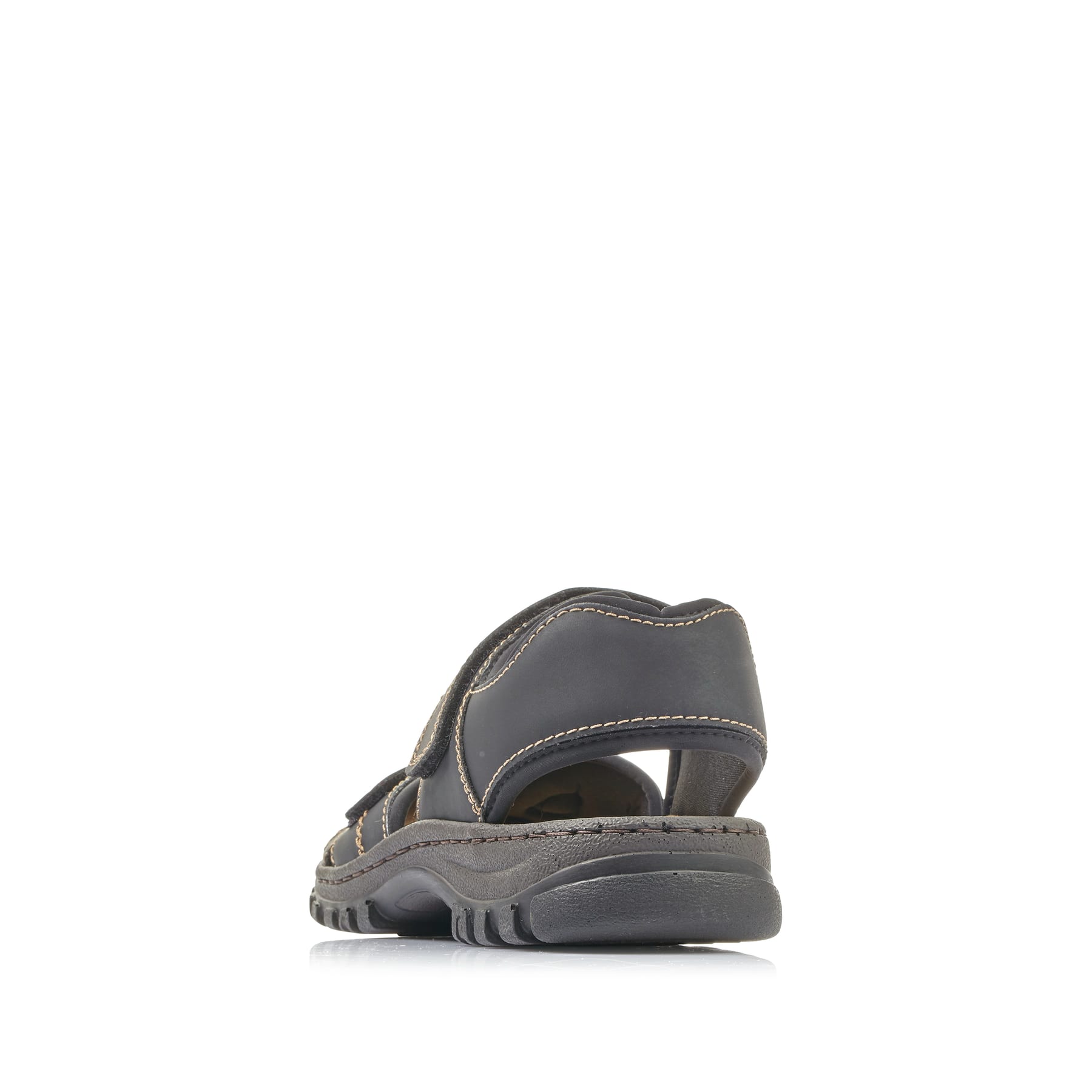 Schwarze Rieker Herren Trekkingsandalen 25051-01 mit einem Klettverschluss. Schuh von hinten.