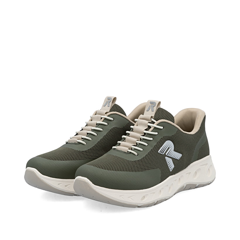 Baskets basses Rieker vertes femme M6551-54 avec option easy in facile. Chaussures inclinées sur le côté.