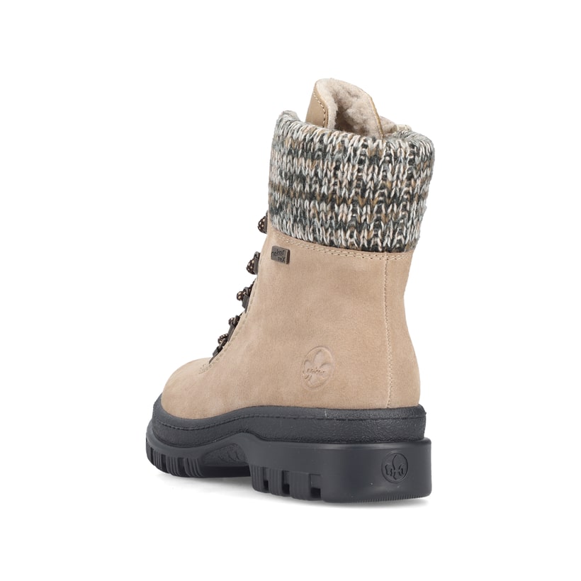 Beige-schwarze Rieker Damen Schnürstiefel X8233-64 aus Rauleder. Schuh von hinten.