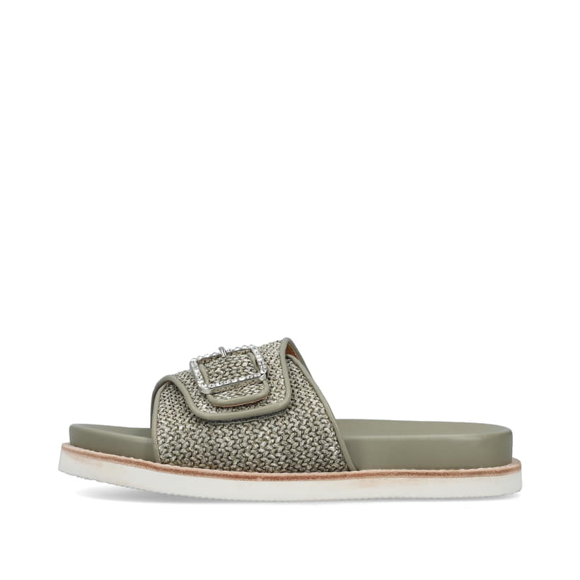 Grüne Rieker Damen Pantoletten V9582-52 mit trendigen Schnalle. Schuh Außenseite.