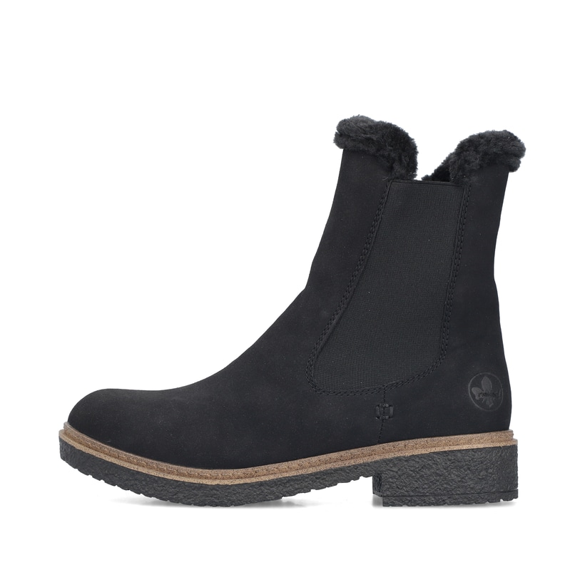 Schwarze Rieker Damen Chelsea Boots Z5076-00 mit Fellschaftrand. Schuh Außenseite.