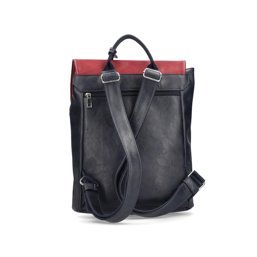 Sac Ã  dos Rieker H1357-14 en bleu et rouge avec détails colorés, fermeture éclair et poche pour téléphone portable. Côté gauche.