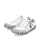 Weiße Rieker Damen Slipper L0355-80 mit einem Reißverschluss. Schuhpaar seitlich schräg.
