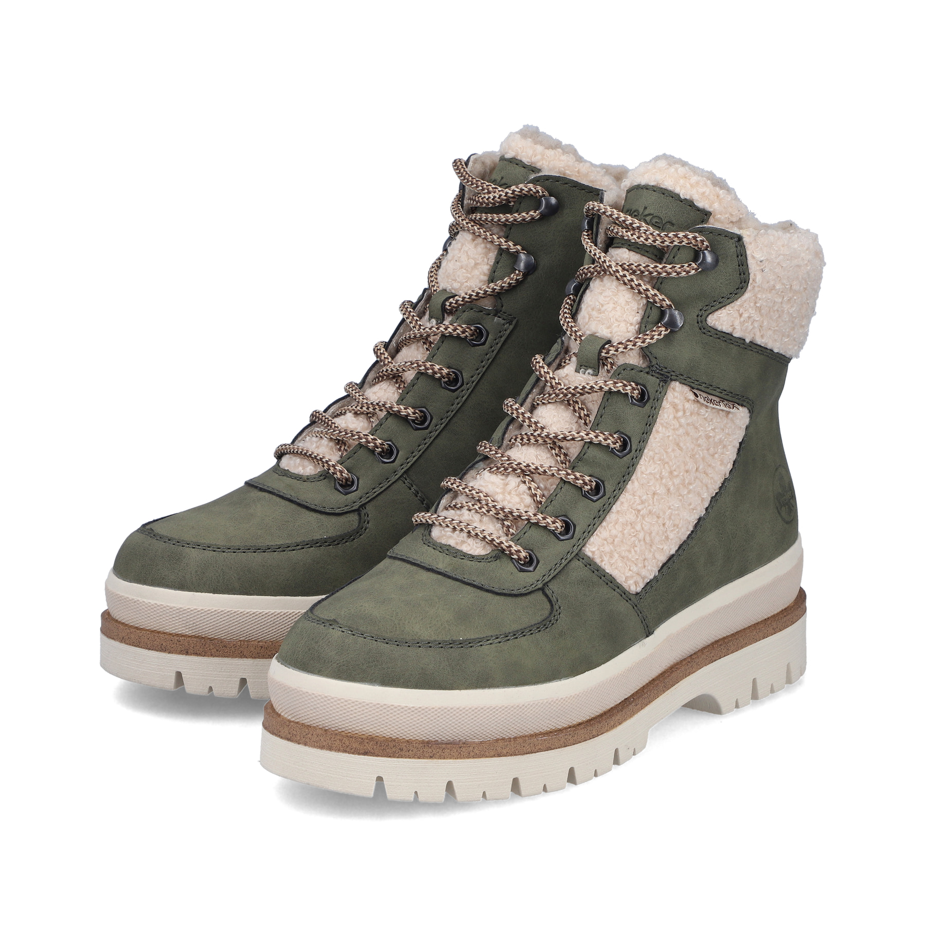 Vegane, khaki-beige Rieker Damen Schnürstiefel Y6214-54 mit Teddyfell-Details. Schuhpaar seitlich schräg.