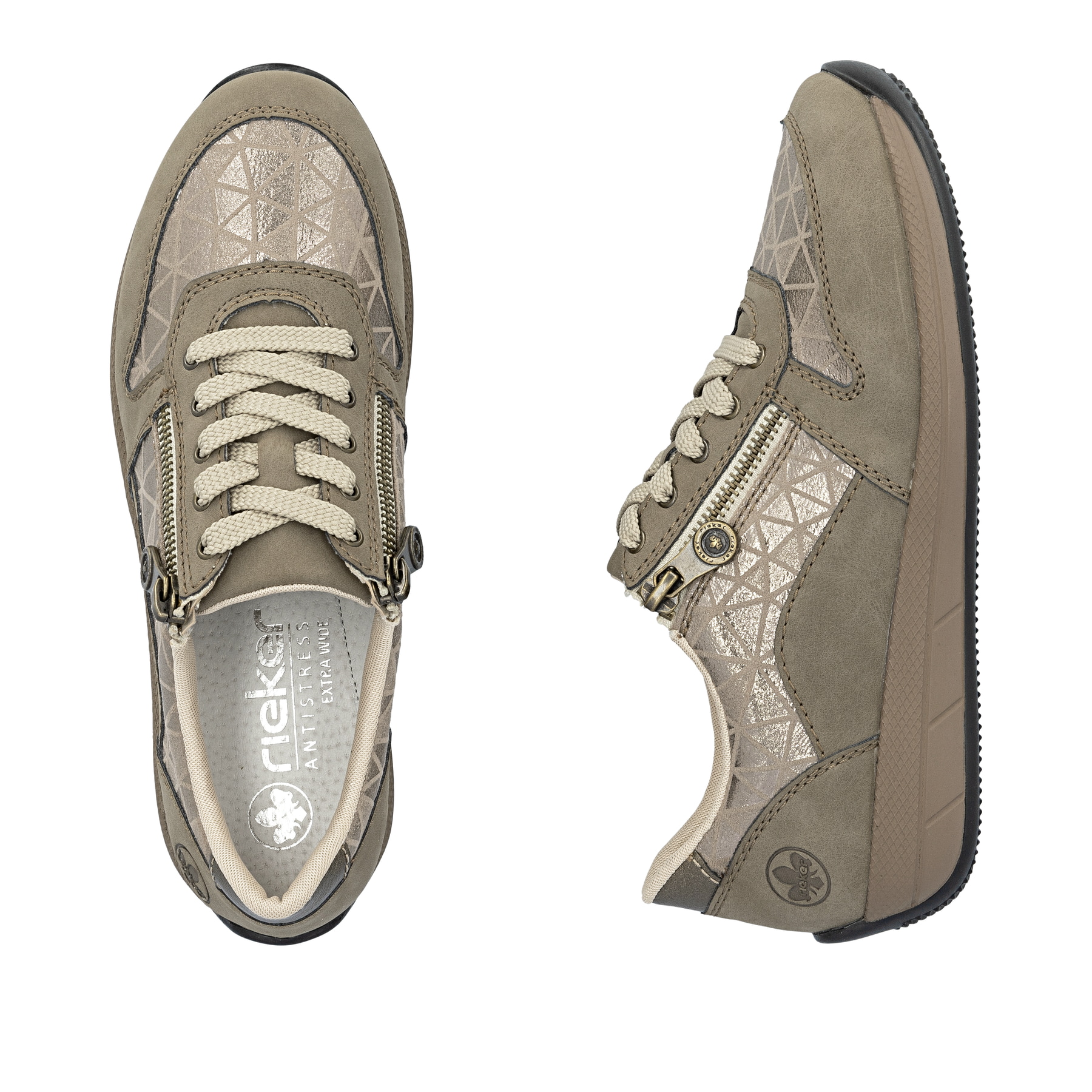 Beige Rieker Damen Sneaker Low N1100-62 mit Reißverschluss sowie Extraweite H. Schuh von oben, liegend.