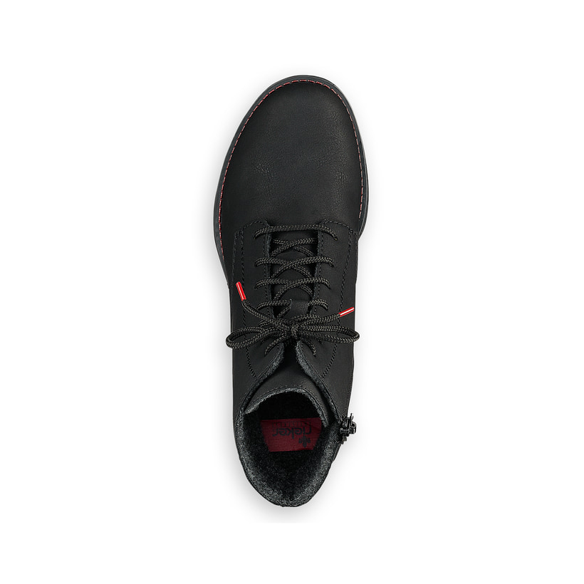 Graphitschwarze Rieker Damen Schnürstiefel 70821-00 mit Schnürung und Reißverschluss. Schuh von oben