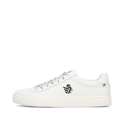 Weißer Rieker Herren Sneaker Low U0711-80 Schwenninger Wild Wings x Rieker Edition mit Eishockey-Schnürung und Wild Wings Logo. Schuh Außenseite.