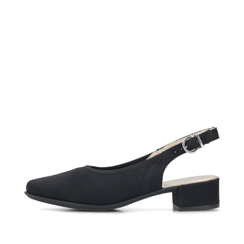 Schwarze Rieker Slingpumps 47060-00 mit Schnalle sowie einer leichten Sohle. Schuh Außenseite.