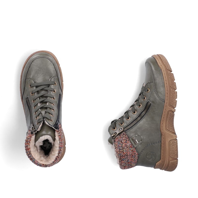 Dunkelgrüne Rieker Damen Schnürstiefel 72322-54 mit einem Reißverschluss. Schuh von oben, liegend.