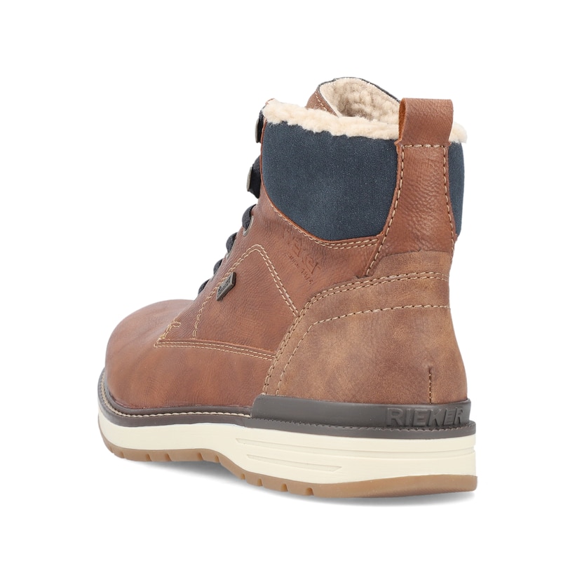 Braune Rieker Herren Schnürstiefel 39442-24 mit wasserabweisender TEX-Membran. Schuh von hinten.