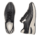 Schwarze Rieker Damen Sneaker Low N9301-00 mit einem Reißverschluss. Schuh von oben, liegend.