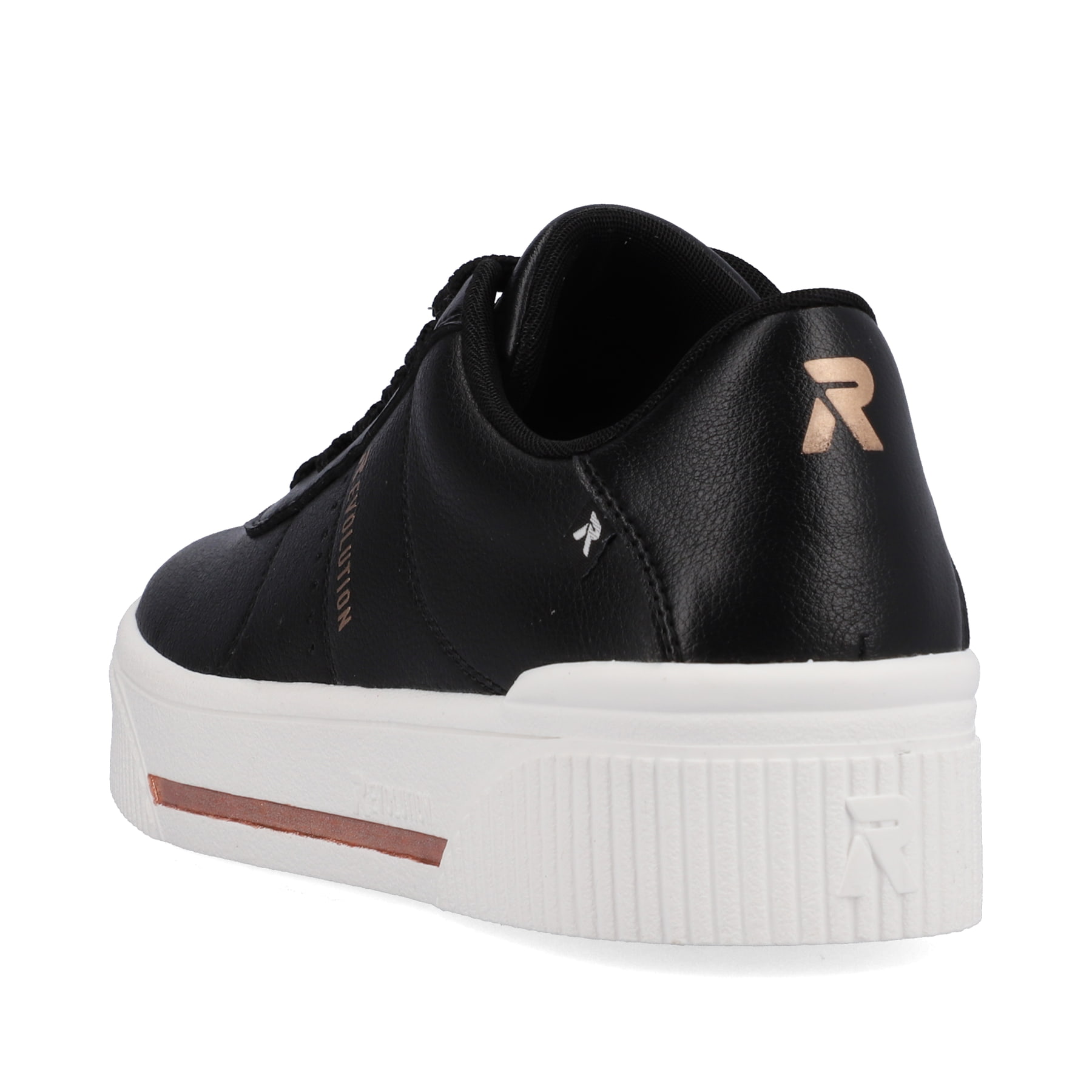 Schwarze Rieker Damen Sneaker Low W0702-00 mit strapazierfähiger Sohle. Schuh von hinten.