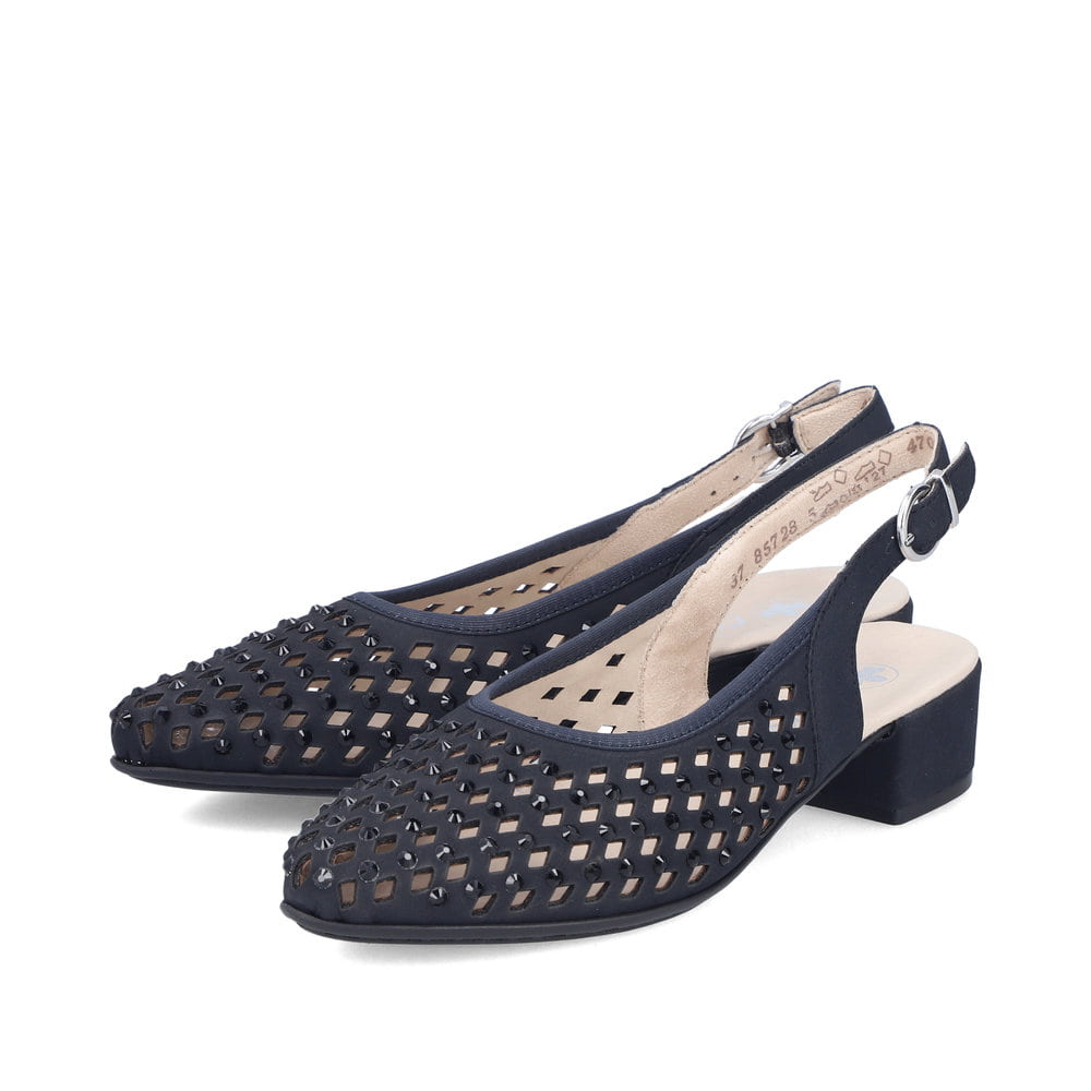 Escarpins Rieker bleus pour femme 47074-14 avec strass ainsi que boucles. Chaussures inclinées sur le côté.