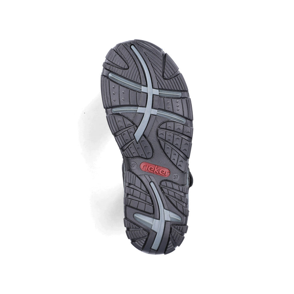 Schwarze Rieker Damen Trekkingsandalen 68852-00 mit einem Klettverschluss. Schuh Laufsohle.