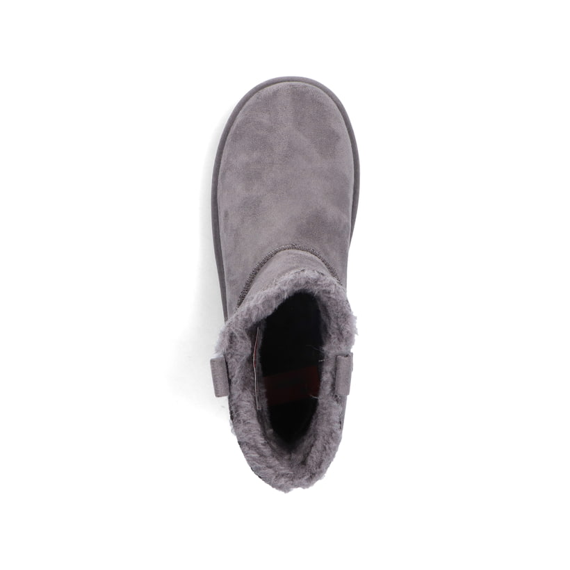 Graue Rieker Damen Kurzstiefel 99870-45 mit Fellschaftrand sowie Komfortweite G. Schuh von oben.