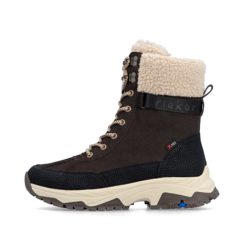 Dunkelbraun-beige Rieker Damen Schnürstiefel Z3901-25 mit dem Glacier Grip. Schuh Außenseite.