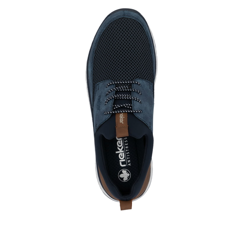 Blaue Rieker Herren Slipper 19550-14 mit einem Gummizug sowie Komfortweite G 1/2. Schuh von oben.
