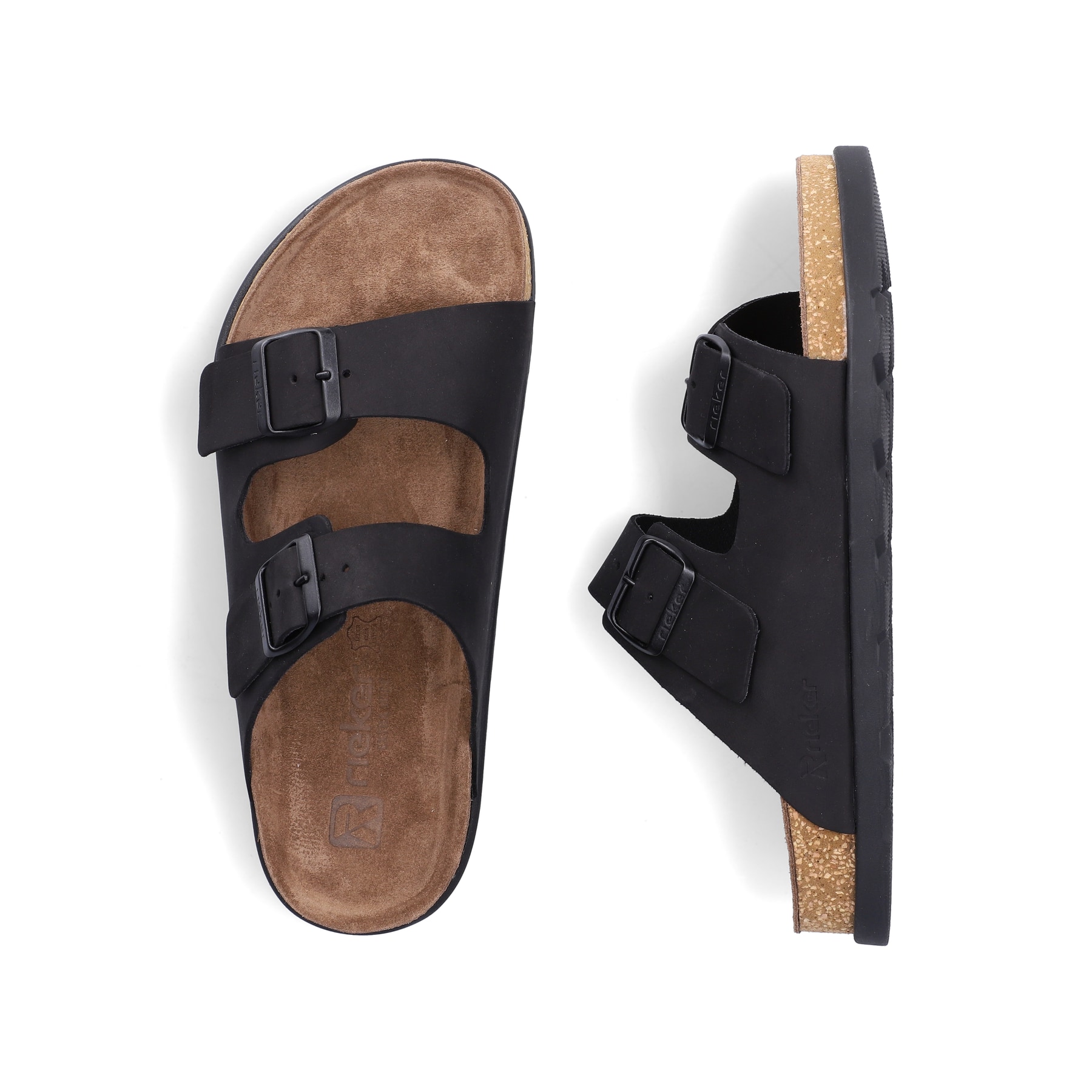 Mules Rieker noires pour homme 21190-00 avec boucles. Chaussure vue de dessus, couchée.
