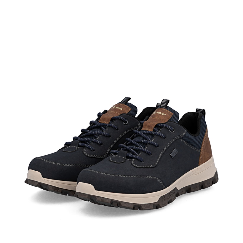 Chaussures à lacets Rieker bleues hommes 35503-14 avec membrane RiekerTEX. Chaussures inclinées sur le côté.